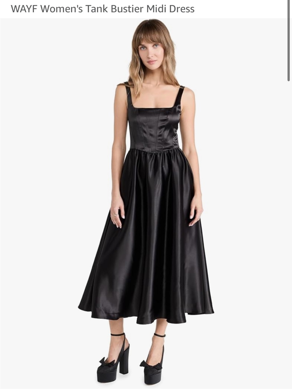 Wayf Black Satin Tank Bustier Midi Dress with Square Neck